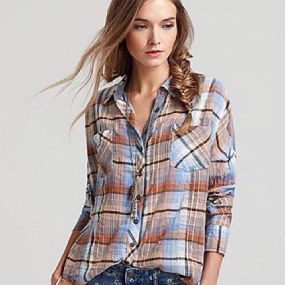 Free People Plaid Button-Down Shirt in Light Blue and Rust